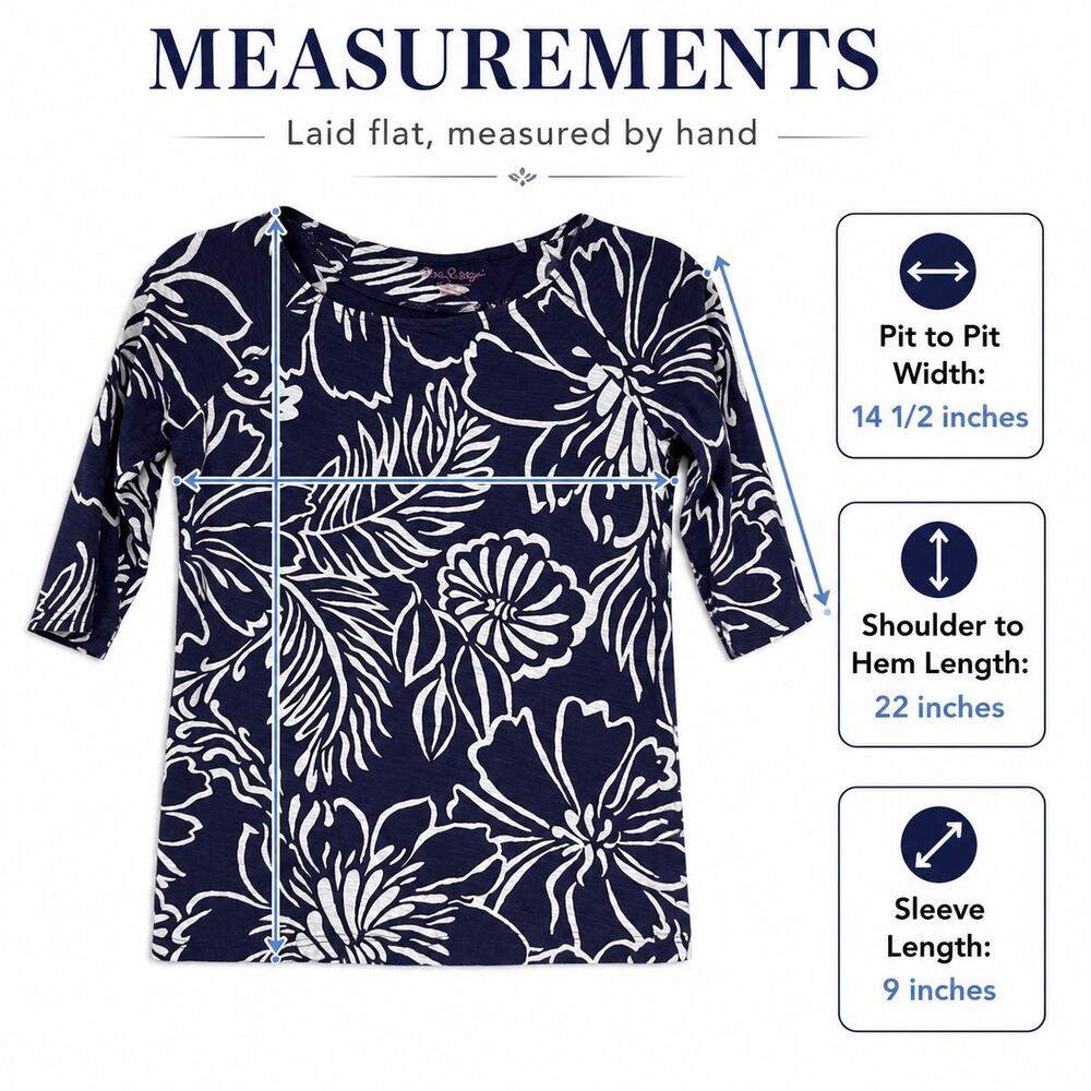 Lilly Pulitzer Top Women’s Small Navy White Floral Cotton Coastal Tee 3/4 Sleeve - Picture 5 of 16